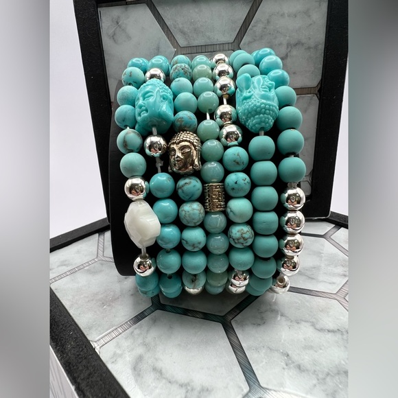 Turquoise Blue & Silver Buddha Bracelet Set -Stacked Bracelet Bead Bracelet Set - Picture 9 of 16